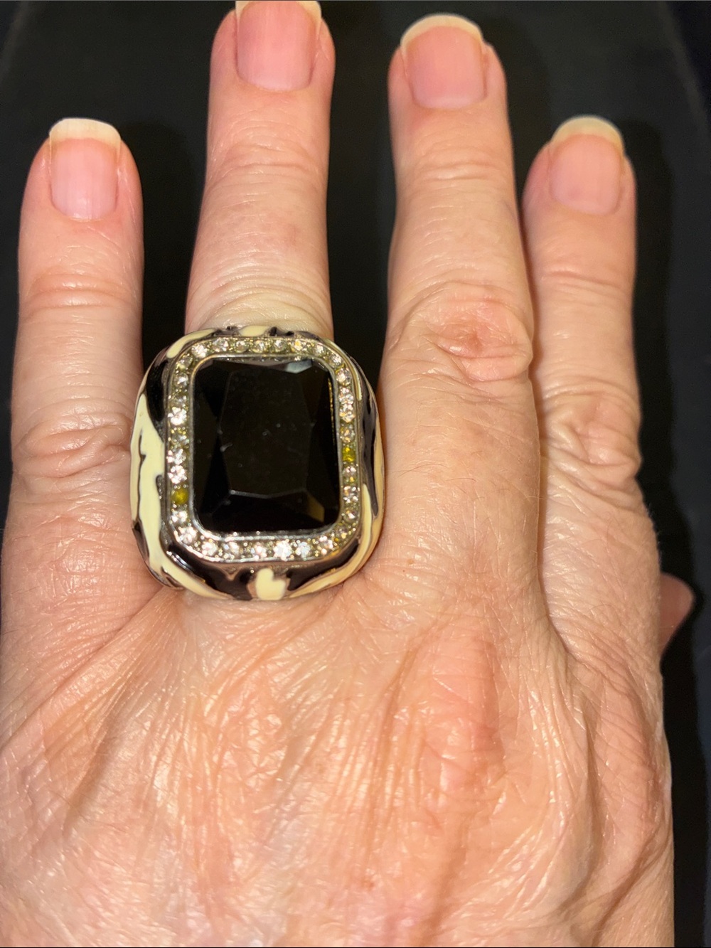 Black Crystal-Frame Statement Stretch Ring with Cream Enamel Accents